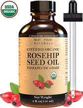 Load image into Gallery viewer, Organic Rosehip Seed Oil (4 oz), USDA Certified by Mary Tylor Naturals, Cold Pressed, Unrefined, Natural Moisturizer For Face Hair Skin and Nails, 100% Pure Rose Hip oil
