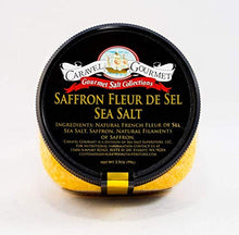 Load image into Gallery viewer, Saffron Fleur de Sel Sea Salt - All-Natural Infused Sea Salt Blend - Real Saffron &amp; French Fleur de Sel - No Gluten, No MSG, Non-GMO - Cooking and Finishing Salt - 3.5 oz. Stackable Jar
