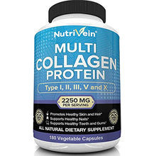 Load image into Gallery viewer, Nutrivein Multi Collagen Pills 2250mg - 180 Collagen Capsules - Type I, II, III, V, X - Anti-Aging, Healthy Joints, Hair, Skin, Bones, Nails, Hydrolyzed Protein Collagen Peptides for Woman and Men
