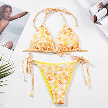 Load image into Gallery viewer, Women's Two Piece Bikini Swimsuit Set Floral Padded Top Tie Side Triangle Thong Bathing Suit Yellow
