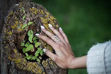 Load image into Gallery viewer, Moonstone Silver Ring, 925 Sterling Silver and Three Moonstone Light Blue Gemstones Ring for Women, Triple Moonstone and Real Silver Boho Chic Statement Ring, Bohemian Gift Idea, Handmade by Lilyom.
