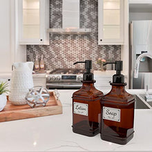 Load image into Gallery viewer, GLADPURE Soap Dispenser 2 Pack, Hand Soap Dispensers with 18 Oz Antique Design Thick Amber Glass Bottle, 316 Rust Proof Stainless Steel Black Pump, 6Pcs Stickers, for Lotion, Soap, Essential Oil
