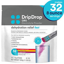 Load image into Gallery viewer, DripDrop ORS – Patented Electrolyte Powder for Dehydration Relief Fast - For Workout, Hangover, Illness, Sweating &amp; Travel Recovery - Watermelon, Berry, Lemon Variety Pack - 32 Servings (11.29 oz)
