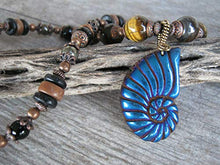 Load image into Gallery viewer, 22" Carved Pyrite Ammonite Pendant Necklace, Tiger Eye Womens Mens Jewelry, Titanium Blue, Antiqued Copper
