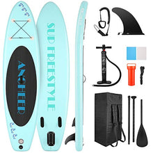 Load image into Gallery viewer, ANCHEER Inflatable Stand Up Paddle Board, Lightweight All Round iSUP with 3 Fins, Premium Accessories &amp; Carry Bag, EVA Deck, Adj Floating Paddle, Ankle Leash and Double Action Pump (Light Blue)
