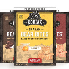 Load image into Gallery viewer, Bear Bites, Protein Graham Crackers Variety Pack: Honey, Chocolate &amp; Cinnamon Snacks
