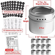 Load image into Gallery viewer, Set of 12 Magnetic Spice Tins with 12 Window-Top Sift and Pour Lids, 269 Preprinted Seasoning Label Stickers in 2 Styles for 3 oz Herb Jars
