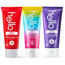 Load image into Gallery viewer, hello Variety (Unicorn, Strawberry, Grape) Fluoride Kids Toothpaste, Anticavity, Vegan, SLS Free, Gluten Free, for Ages 2 and Up, 4.2 Ounce (Pack of 3)
