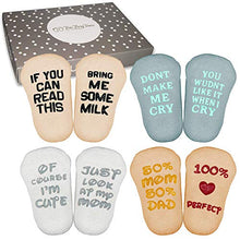 Load image into Gallery viewer, SurBaby Baby Socks Gift Set- Cute &amp; Funny Unique Baby Shower Gifts &amp; Registry Idea-Baby Gift Sets Unisex – 90% Cotton, Anti Slip, Cutest Gift Box – Socks with Funny Sayings (4 Unique Pairs)
