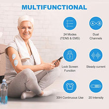 Load image into Gallery viewer, NURSAL Dual Channel EMS TENS Unit 24 Modes Muscle Stimulator for Pain Relief &amp; Muscle Strength with 14 Pads, Rechargeable TENS Machine Pulse Massager with Storage Pouch/Pads Holder/Lanyard/Cable Ties
