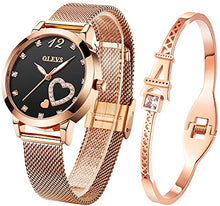 Load image into Gallery viewer, OLEVS Watch for Women Gifts Set Rose Gold and Eiffel Tower Bracelet Set Minimalist Slim Casual Dress Analog Quartz Wrist Watches for Lady Waterproof with Heart Love Shape Diamonds Black Dial Two Tone
