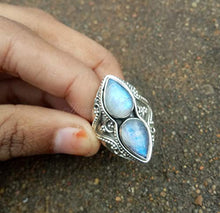 Load image into Gallery viewer, Natural Moonstone Ring Sterling Silver Ring Healing Ring Blue Flash Ring Promise Ring June Birthday Filigree Ring Love Stone Bridesmaid Ring Dainty Ring Charming Ring Boho Chic Ring
