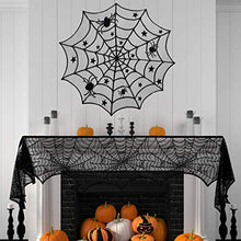 Load image into Gallery viewer, Shan-S Halloween Decorations Set of 4,Halloween Lace Spider Web Table Runner,Round Table Cover,Fireplace Mantle Scarf and Lamp Shades for Festival Ornament Party DIY Haunted House Decoration
