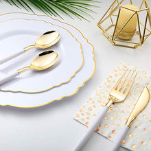 Load image into Gallery viewer, 144 PCS Disposable Gold Silverware, Plastic Flatware with White Handle, Gold Plastic Cutlery Includes: 48 Forks, 48 Knives and 48 Spoons (GOLD)
