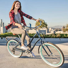 Load image into Gallery viewer, sixthreezero EVRYjourney Women's 7-Speed Step-Through Hybrid Cruiser Bicycle, 24" Wheels and 14" Frame, Navy with Brown Seat and Grips, Navy w/Brown Seat/Grips
