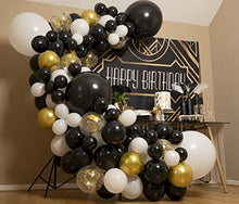 Load image into Gallery viewer, 4 Sizes – Black White Gold Balloon Garland Kit &amp; Arch for New Years, Graduation or Birthday – Small and Large Black and White Balloons with Gold Confetti – Party Decorations for Gatsby Roaring 20s
