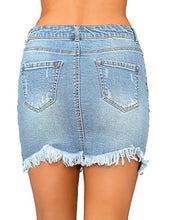Load image into Gallery viewer, luvamia Women's Casual Mid Waisted Washed Raw Hem Pockets Denim Jean Short Skirt Blue Size Small
