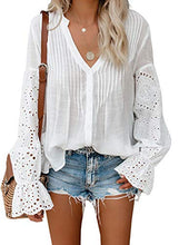 Load image into Gallery viewer, Canikat Women's Cute Fall V Neck Rekindle Eyelet Flowy Bell Long Sleeve Blouses Solid Casual Loose Ruffles Button Down T Shirts Tops White XX-Large
