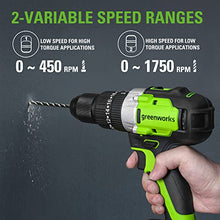 Load image into Gallery viewer, Greenworks 24V Brushless Cordless Hammer Drill Kit, 530 in./lbs Torque, 20+3 Position Clutch, 1/2 '' Keyless Chuck, Variable Speed, 1×2Ah Battery with 2A Charger, LED Light
