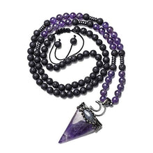 Load image into Gallery viewer, Top Plaza Natural Stone Healing Crystal Amethyst Triangle Pointed Gemstone Pendant Necklace Crescent Moon Jewelry Adjustable Lava Rock Beads Necklaces for Women Men
