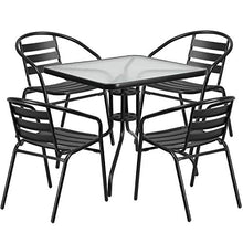 Load image into Gallery viewer, Flash Furniture 31.5'' Square Glass Metal Table with 4 Black Metal Aluminum Slat Stack Chairs
