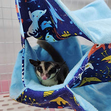 Load image into Gallery viewer, Small Animal Hanging Hammock Pet Swinging Bed 3 Tier Sleep Nap Sack Cage Accessories Kit Set Tunnel Ferret Rat Cave Sugar Glider Hideouts Warm Bedding for Squirrel Guinea Pig (Bluecat Pattern)
