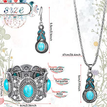 Load image into Gallery viewer, 3 Pieces Bohemian Turquoise Set Women Western Jewelry Turquoise Pendant Necklace Western Turquoise Alloy Earrings Stretchable Turquoise Bracelet for Women Western Boho Jewelry Set
