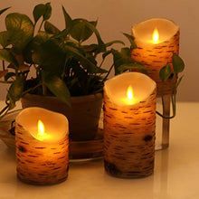 Load image into Gallery viewer, Comenzar Flickering Candles, Candles Birch Set of 3 (H: 4" 5" 6" x D: 3.25")Birch Bark Battery Candles Real Wax Pillar with Remote Timer
