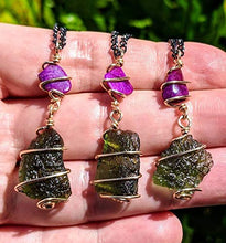 Load image into Gallery viewer, MOLDAVITE &amp; SUGILITE Pendant in Real Gold! 12 Kt Genuine Crystal 19" Necklace. Synergy 12 Tektite Metaphysical Jewelry Meteorite Wire Wrap Stone
