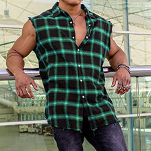 Load image into Gallery viewer, Mens Sleeveless Plaid Shirt Button Down Cotton Vest Shirt Casual Street Stand Collar Tops, Green, Medium
