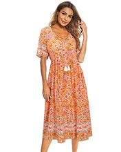 Load image into Gallery viewer, Arach&amp;Cloz Women's Boho Tie Neck Printed Short Sleeve Floral Summer Loose Tassels Casual Midi Dress with Pockets (Floral01,S)
