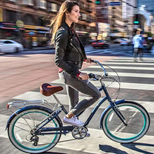 Load image into Gallery viewer, sixthreezero EVRYjourney Women's 7-Speed Step-Through Hybrid Cruiser Bicycle, 24" Wheels and 14" Frame, Navy with Brown Seat and Grips, Navy w/Brown Seat/Grips
