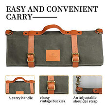 Load image into Gallery viewer, SmarTopus Chef Knife Roll Bag - Handmade Waxed Canvas and Leather Knife Bag Stores 10 Knives + Zipper Pocket and Shoulder Strap
