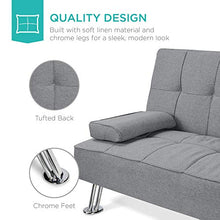 Load image into Gallery viewer, Best Choice Products Linen Upholstered Modern Convertible Folding Futon Sofa Bed for Compact Living Space, Apartment, Dorm, Bonus Room w/Removable Armrests, Metal Legs, 2 Cupholders - Gray
