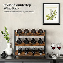 Load image into Gallery viewer, SONGMICS Countertop Wine Rack, 3-Tier Display Wine Storage Shelves, Holds 12 Bottles, Bamboo Wobble-Free Bottle Holder for Kitchen Bar Dining Room Living Room, Rustic Brown and Black UKWR011B01
