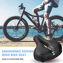 Load image into Gallery viewer, SGODDE Comfortable Bike Seat- Replacement Wide Bicycle Saddle Memory Foam Padded Soft Bike Cushion with Dual Shock Absorbing Rubber Balls Universal Fit for Indoor/Outdoor Bikes with Reflective Strip
