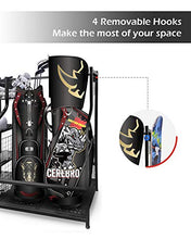 Load image into Gallery viewer, Mythinglogic Golf Storage Garage Organizer, 2 Golf Bag Storage Stand and Other Golfing Equipment Rack &amp; 4 Removable Hooks, Extra Large Design for Golf Clubs Accessories
