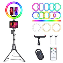 Load image into Gallery viewer, 12" Selfie Ring Light with 63" Tripod Stand &amp; 3 Phone Holder, LED Camera Ringlight with 48 RGB Colors Modes &amp; Musical Rhythm Mode and 12 Brightness Dimmable for Makeup/Photography/Videos/Vlog/TikTok
