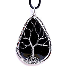 Load image into Gallery viewer, HongJinTian Natural Black Obsidian Wire Wrapped Tree of Life Gemstone Teardrop Pendant Necklace Healing Crystal Chakra Jewelry
