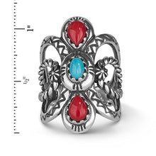 Load image into Gallery viewer, American West Sterling Silver Red Coral and Blue Turquoise Gemstone Twisted Rope &amp; Zigzag Motif Ring Size 07
