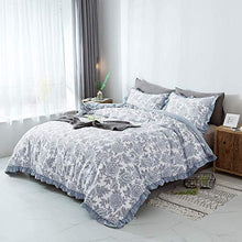 Load image into Gallery viewer, KASENTEX All Season Quilted Comforter Set Chic Modern Printed Pattern Down Alternative Fill 3-Piece with Stylish Boarder Trim Design(Floral Blue, King + 2 King Shams)
