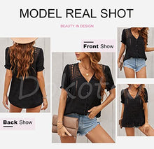 Load image into Gallery viewer, Dokotoo Women's Cute 2022 Summer Button Down Shirt V Neck Lace Crochet Eyelet Flowy Short Sleeve Blouses Solid Casual Loose T Shirts Tops XL Black
