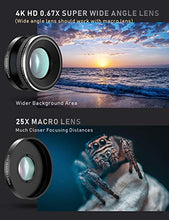 Load image into Gallery viewer, CoPedvic Phone Camera Lens Phone Lens for iPhone Samsung Pixel Android, 22X Telephoto Lens, 4K HD 0.67X Super Wide Angle Lens&amp;25X Macro Lens, 205° Fisheye Lens, Work as Telescope with Metal Tripod
