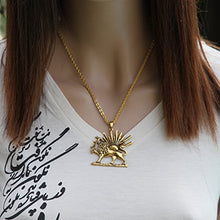 Load image into Gallery viewer, Asoodehdelan Gold Pt Iranian Persian Lion Sun Shir Khorshid Pahlavi Necklace Iran Farvahar (24" Gold Chain)
