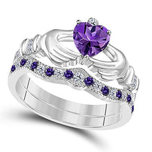 Load image into Gallery viewer, DS Jewels 14k Gold Plated Alloy Claddagh Bridal Set Ring 1.00 ctw Heart Cut CZ Amethyst &amp; Cubic Zirconia Curved Wedding Band &amp; Crown Engagement Ring Size 4 to 11
