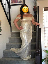 Load image into Gallery viewer, YSMei Women's Long Sequins Evening Celebrity Dress Mermaid Off Shoulder Prom Wedding Gowns Green 8
