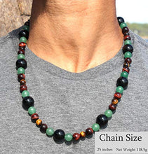 Load image into Gallery viewer, African Necklace for Men - Long Beaded Necklace - Onyx - Green Jade Aventurine - Red Tiger Eye - Yellow Tiger Eye- Tribal Necklace - 26 Inch Necklace

