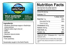 Load image into Gallery viewer, Wild Planet Wild Sardines in Extra Virgin Olive Oil, Lightly Smoked, Keto and Paleo, 4.4 Ounce (Pack of 12)
