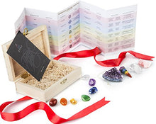 Load image into Gallery viewer, Premium Healing Crystals Kit in Wooden Box - 7 Chakra Set Tumbled Stones, Rose Quartz, Amethyst Cluster, Crystal Points, Chakra Pendulum + 82 Page E-Book + 20x6 Reference Guide Poster, Ribbon Bow
