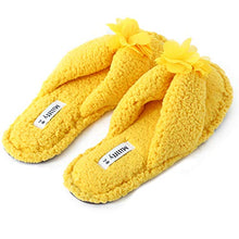 Load image into Gallery viewer, Millffy Plush Cozy Faux Shearling Thong Slide On Sherpa Womens Flip-Flops Slippers with Flowers (US 5-6,Amber Yellow)
